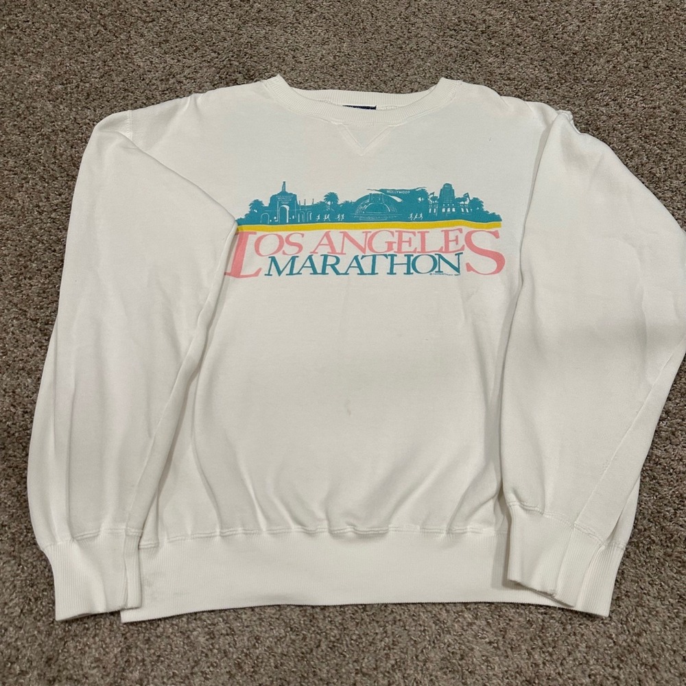 Vintage Norsport Mens Los Angeles Marathon Sweatshirt Large White Preowned Stain